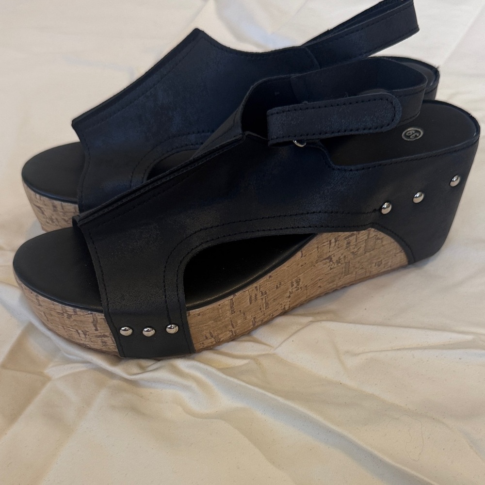 Black Wedge Sandals with Cork Platform - Women
